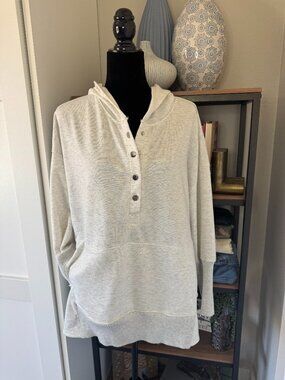 Heather Beige Oversized 1/2 Button Hooded Sweatshirt w/Distressed Edges - Size L